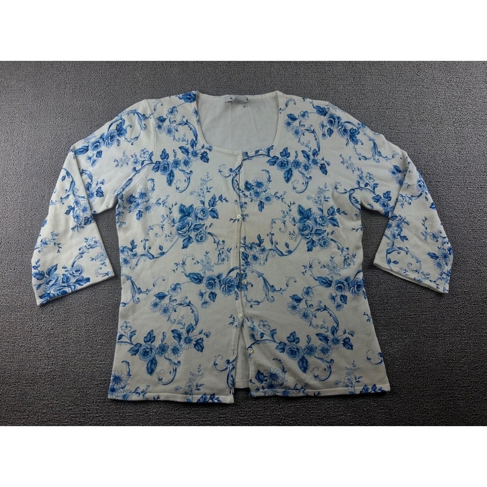 Vintage ESS‎ Cardigan Women L Blue White Cotton Blend 3/4 Sleeve Romantic Floral